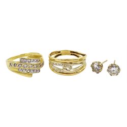 Two 18ct gold cubic zirconia rings, both stamped 750 and pair of 9ct gold cubic zirconia stud earrings