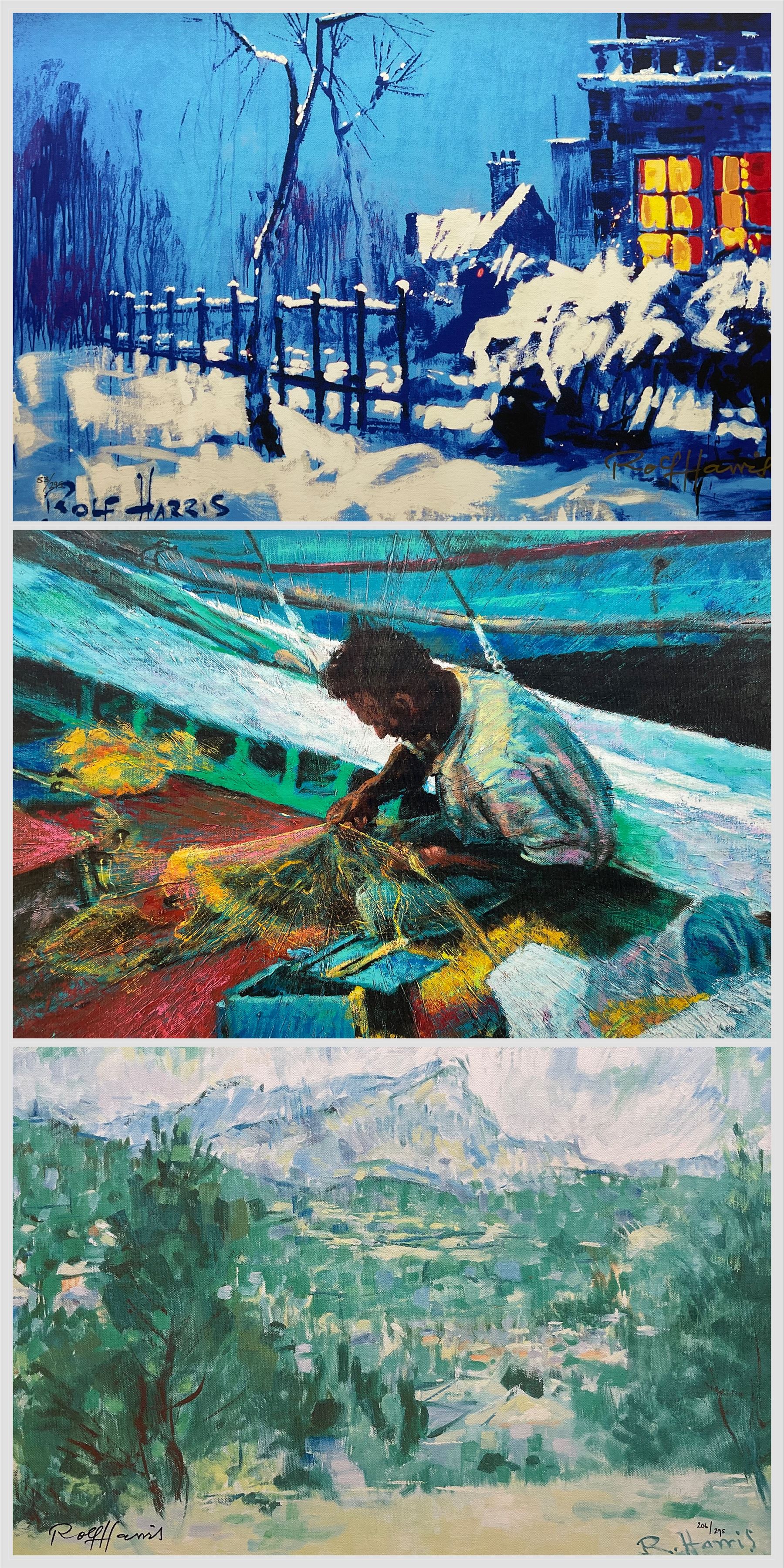 Rolf Harris (Australian 1930-): 'Mending the Nets' 'Mont Sainte Victoire - Homage to Cezanne' and 'Christmas Eve in the Snow', three limited edition giclee prints signed and numbered 53/295, 206/295 and 145/196, max 44cm x 60cm (3)
