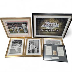 Collection of cricket memorabilia, including three black and white prints of Sir Ian Botha...