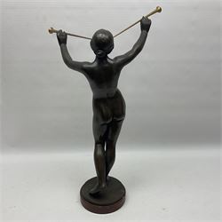 After Eugen Schlipf, Fanfair, bronzed female figure playing two horns, upon a circular marble plinth, H57cm