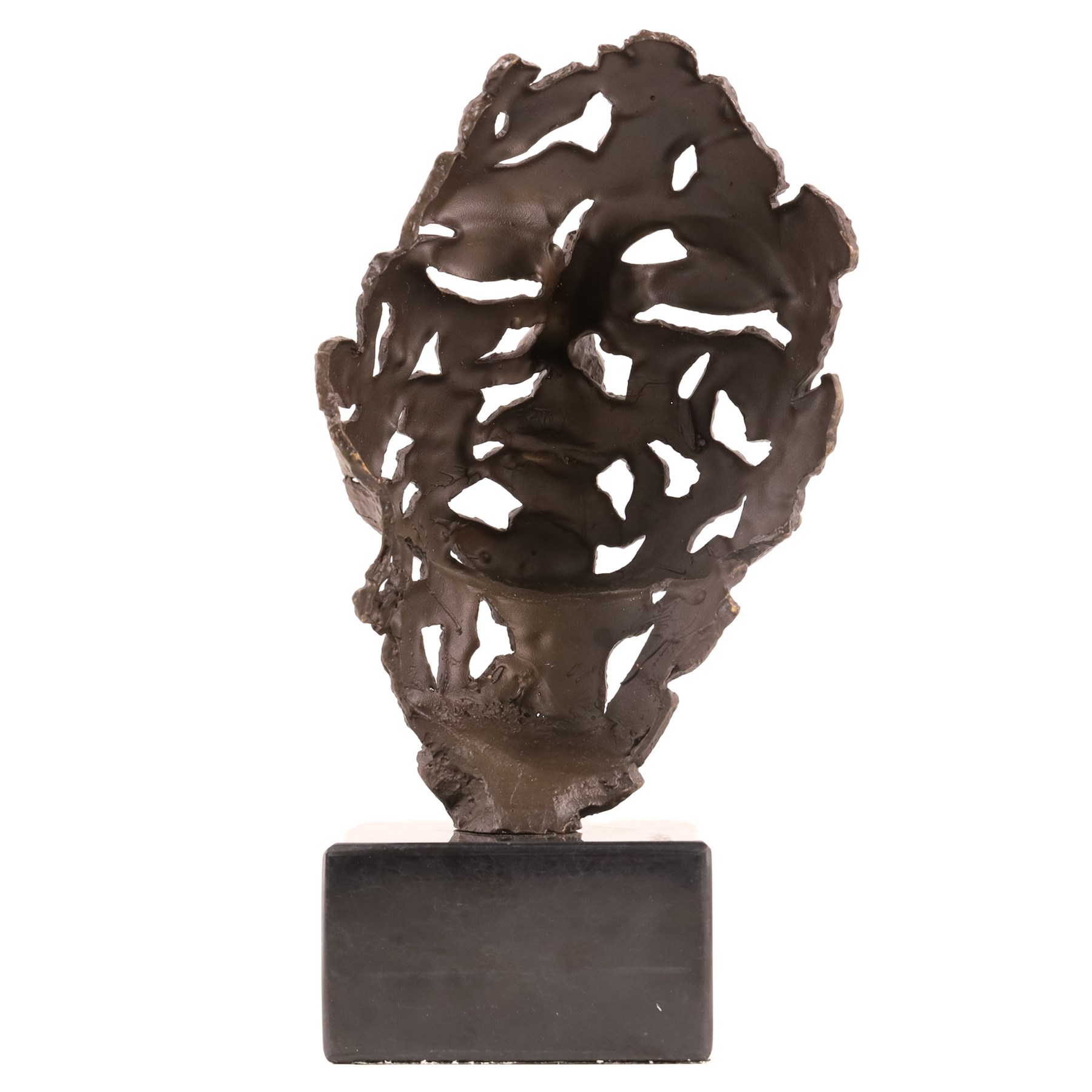 Bronze abstract sculpture of a pierced face, upon a squared marble base, H27cm