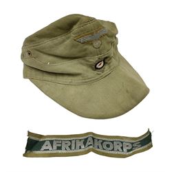 WW2 German DAK M42 Army Field Cap stamped G. Teufel Sohn Tuttlingen M/42 55; and Afrikakorps cuff title (2)