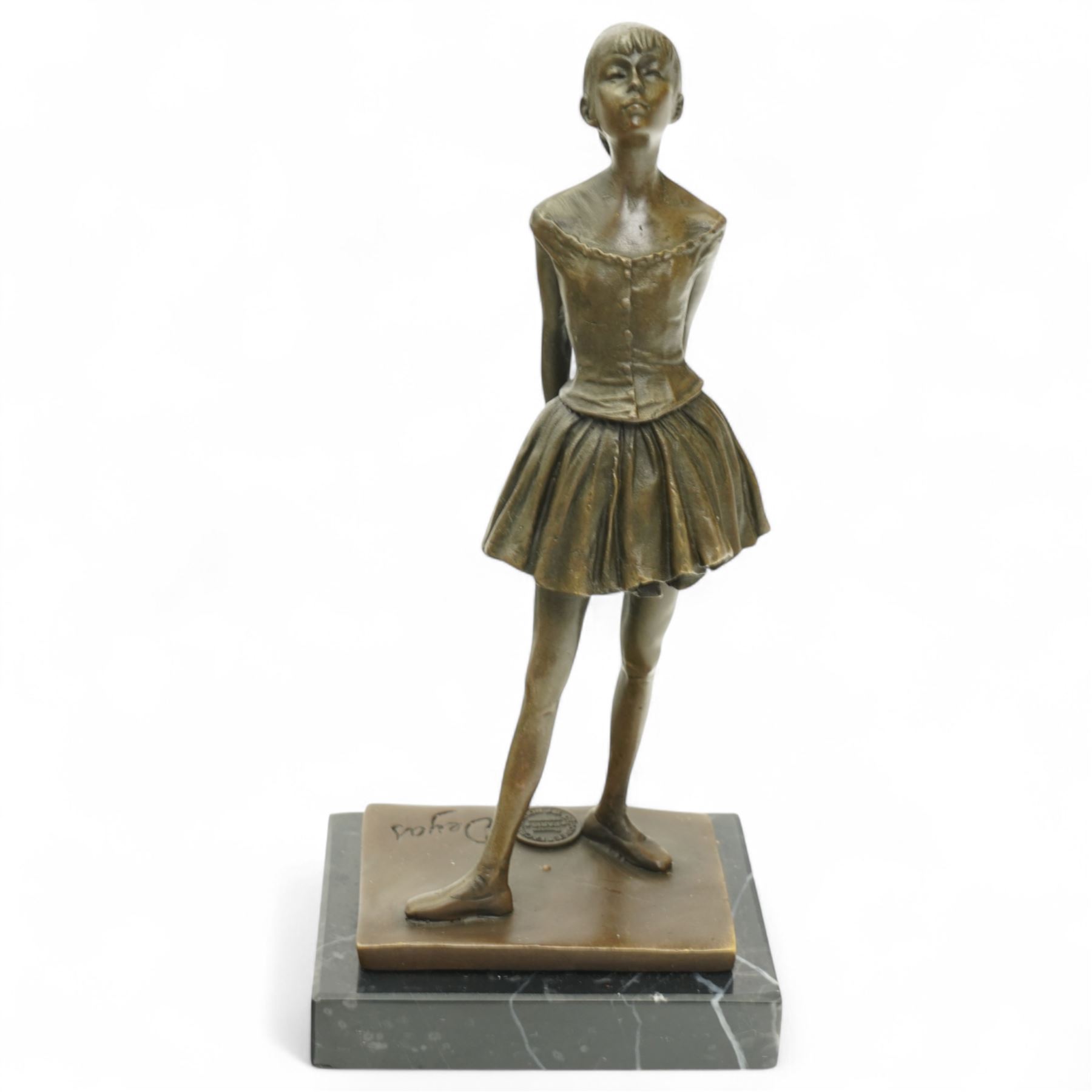 After Degas - Small bronze standing figure of a girl with foundry mark on marble plinth H19cm 
