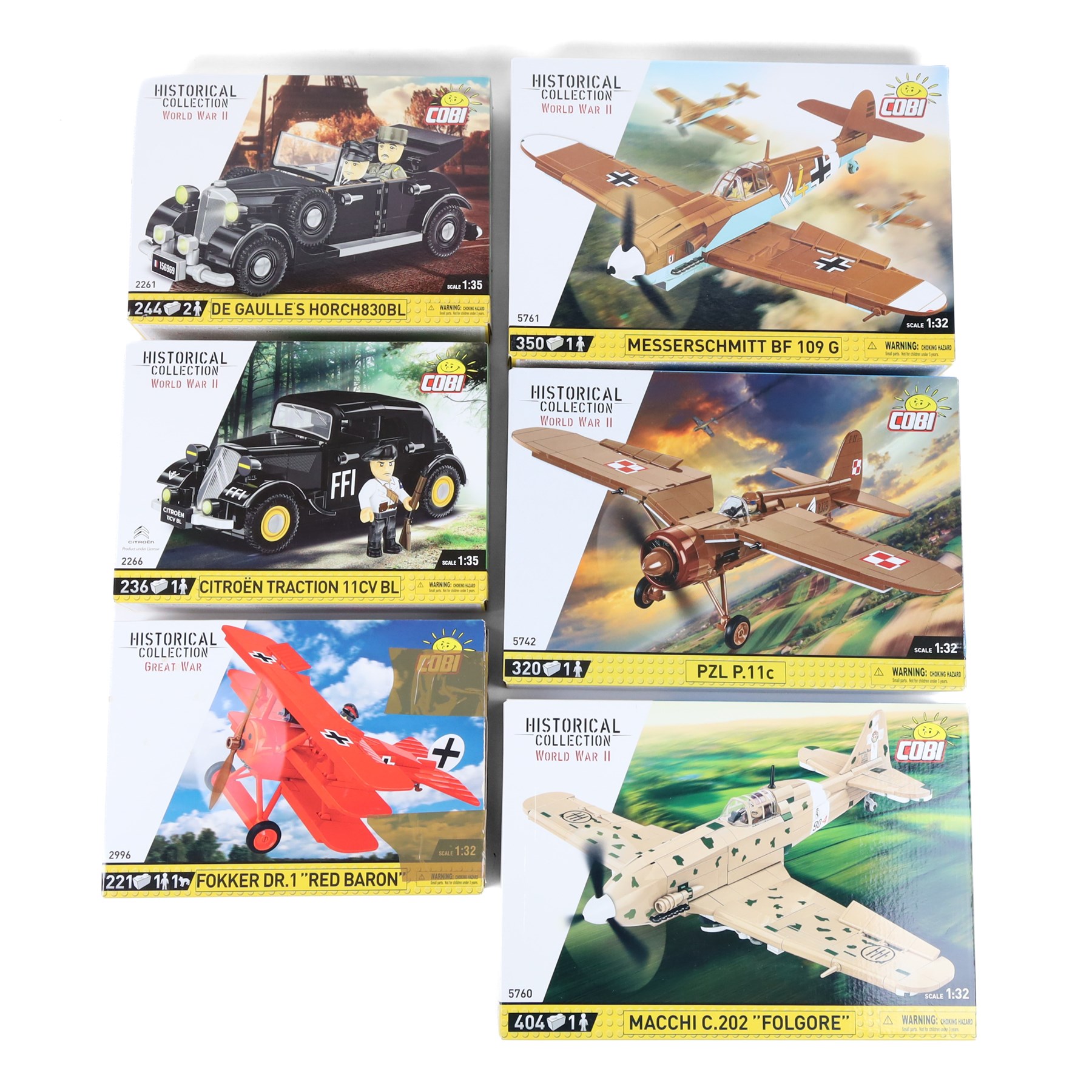 Six Cobi Bricks 1:32 and 1:35 scale Historical Collection World War II and Great War model sets, comprising no. 2996 Fokker Dr.1 'Red Baron', no. 2266 Citroen Traction 11CV BL, no. 2261 De Gaulles Horch830BL, no. 5761 Messerschmitt BF 109 G, no.5742 PZL P.11c and no. 5760 Macchi C.202 'Folgore', all boxed