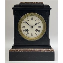 Small Victorian black slate and variegated marble mantel clock, the case with engraved decoration, circular enamel Roman dial, eight day movement by 'Japy Freres' striking the hours and half on bell
