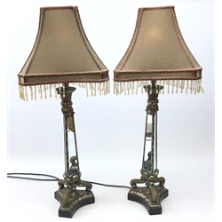  Pair Contemporary mirrored table lamps on trefoil base with beaded shades, H82cm max  