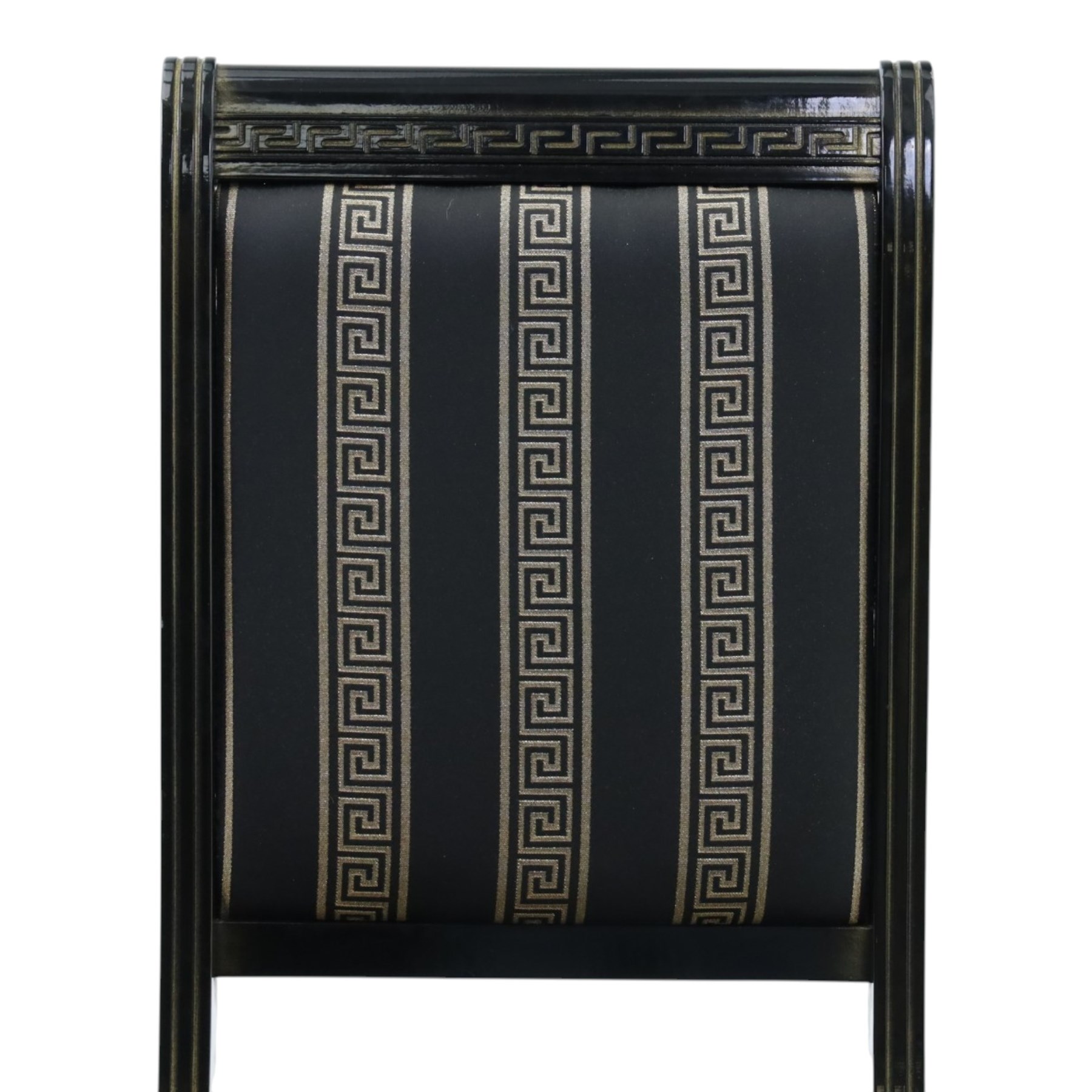 Italian Neoclassical inspired ebonised gloss dining table with four matching chairs,  circular top with additional leaf (Extends to  145cm) with Greek key banding, on a shaped pedestal base with gilt highlights and stepped plinth, the chairs en suite with padded back and seat with Greek key, reeded front supports
