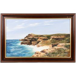 Robert Overy (British 1928-2018): Headland and Bay - Possibly Flamborough and Serene River Landscape, pair of oils on canvas board signed max 29cm x 50cm (2) (one unframed)