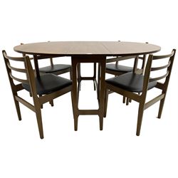 Mid-20th century teak drop leaf dining table (113cm x 147cm, H72cm); and a set of four chairs