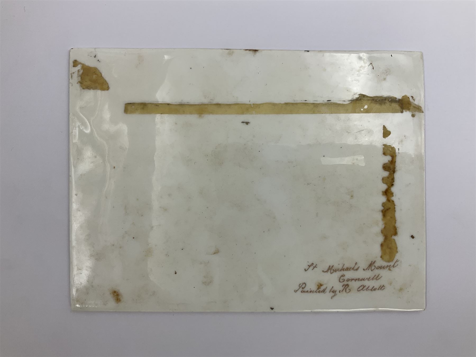 Richard Abbott: St Michael’s Mount, painted oil on porcelain plaque, with 'St Michaels Mount painted by R. Abbott', inscribed on reverse, H15cm, W19cm