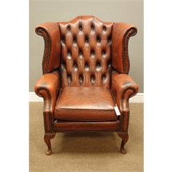  Georgian style leather wing back armchair upholstered in red leather, W89cm  