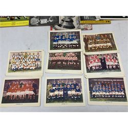 Football - Sherman's Searchlight on Famous Teams trade cards 1938-39 (28) and Searchlight on Famous Players (15); and nine booklets including F.A. Cup Annual 1951;two early 1960s F.A. Yearbooks etc; together with seven photographs of cricket teams, first half of 20th century; and four 1940s and later cricket booklets; and a signed postcard of boxer Len Harvey