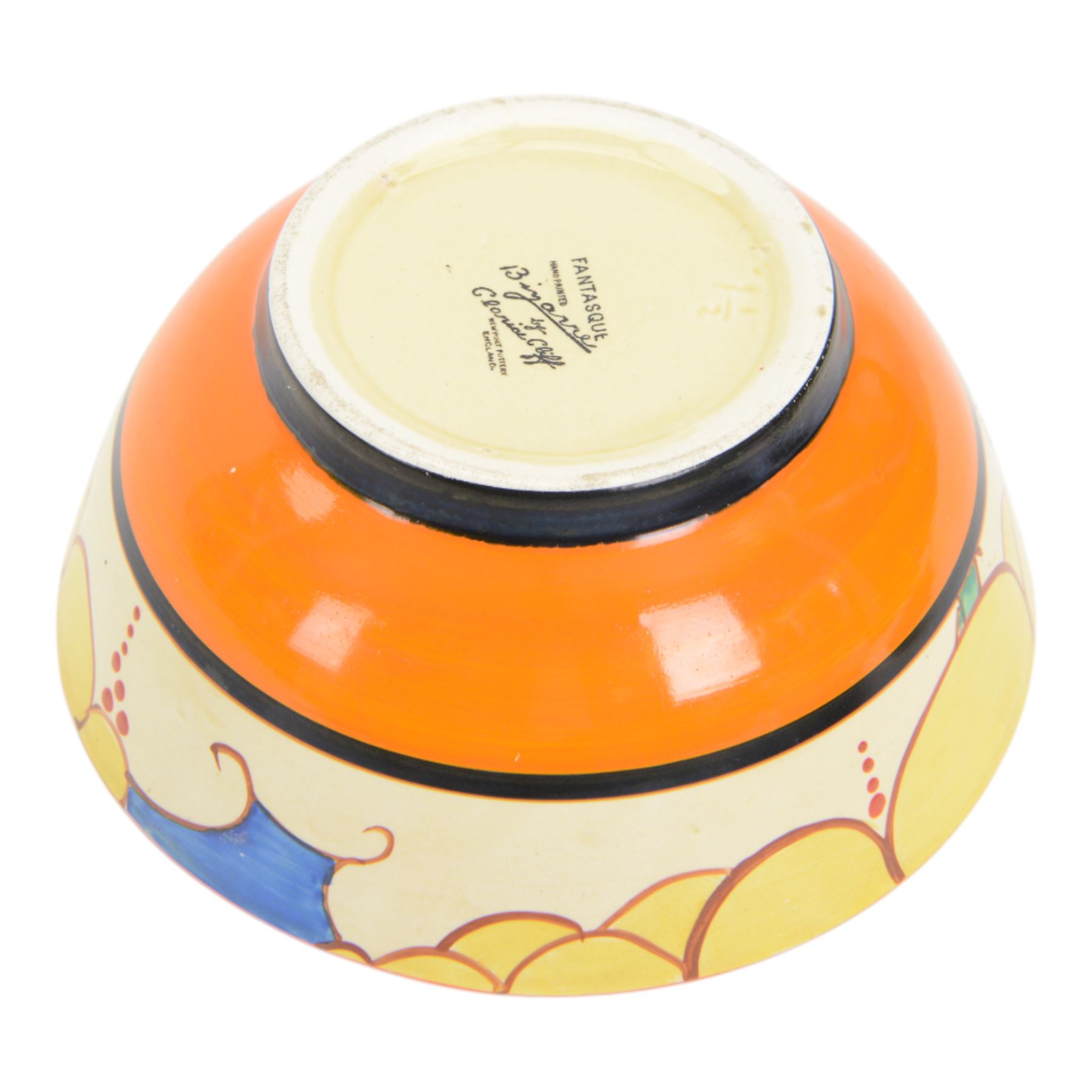 Clarice Cliff Fantasque Bizarre for Newport Pottery bowl, decorated in the Summerhouse pattern c.1931-1933, the exterior painted with stylised trees with yellow foliage and clouds bordered by black and orange bands, with black printed marks and impressed 1 1/2 beneath, D18.5cm