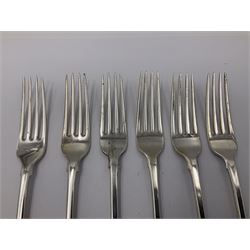 George IV Scottish silver Kings pattern cutlery for six place settings, to include table spoons, table forks, dessert spoons and dessert forks, all engraved with shamrock crest to terminal, hallmarked Robert Gray & Son, Glasgow 1833