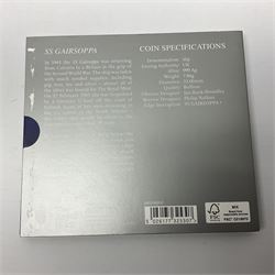 The Royal Mint United Kingdom 2014 'SS Gairsoppa Britannia' fine silver quarter ounce coin in card folder and 2015 'Britannia' fine silver fifty pound coin on card