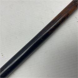 19th century malacca walking cane with scrimshaw handled in the form of a clenched fist holding a scroll, H86cm 