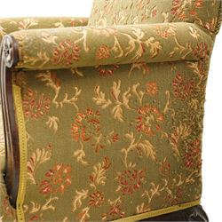 Pair of Chippendale design carved mahogany framed armchairs of stylised lyre form, high square backs and sprung seat upholstered in olive-ground foliate fabric, scrolled arm terminals with applied rosettes, the seat rail moulded with central scallop-and-acanthus motif, raised on shell-carved cabriole supports with ball-and-claw feet