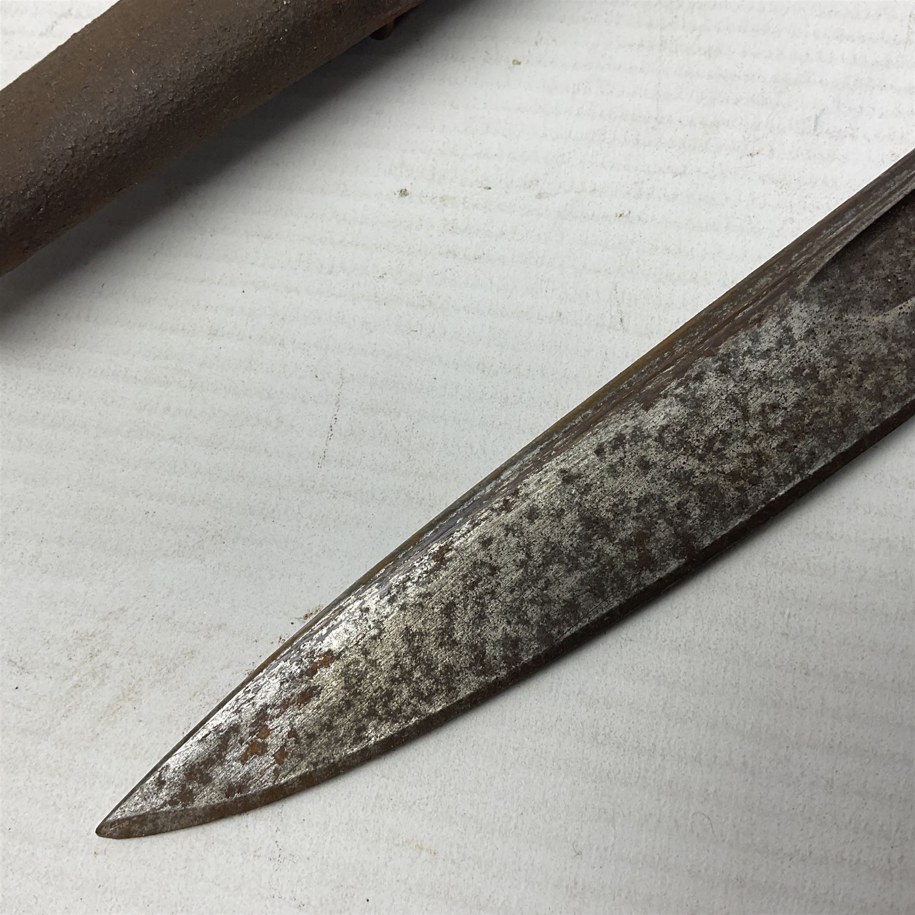 WWI Remington Pattern 1913 bayonet, the 43cm fullered blade with various marks to the ricasso including date code 11 16; in leather covered scabbard with various stamps including JWB 17 L58cm overall; and a French Model 1866 sabre bayonet (no scabbard)