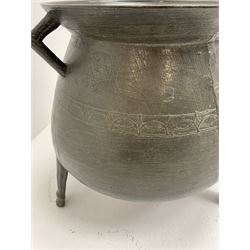 Late 17th/early 18th century bronze cauldron, of bellied form with flared rim and twin angular handles, upon three ribbed outswept feet, detailed with a decorative band beneath four arc founder's mark for John Sturton (I or II) of South Petherton, Somerset and a capital 'I', H40cm, rim D36cm