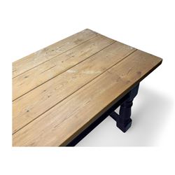 Late 20th century substantial pine refectory table, rectangular four-plank top over an indigo painted base featuring turned supports united by box stretchers