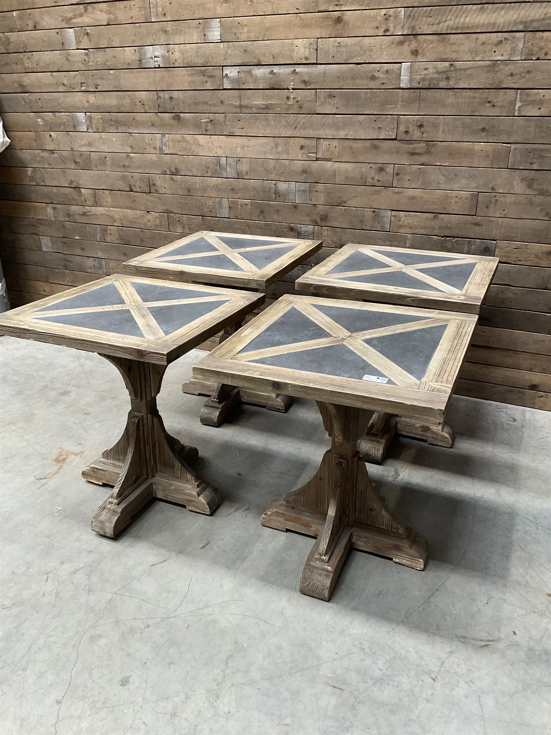4 x Rustic square restaurant bistro table, parquetry top, X shaped base