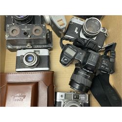 Large collection of cameras to include folding and SLR examples, including Rank Aldis, Agfa, Yashica, etc
