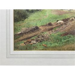 William Wardlaw Laing (exh.1882-1922): 'A Fallow Field' - laying clay pot drainage system, watercolour signed, original title label verso with  artist's Liverpool address 34cm x 53cm