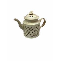 20th century Leeds creamware, comprising chestnut basket and stand, small tureen and cover, ladle, and associated stand, candlestick with stem modelled as a dolphin, teapot, tureen and cover in the form of a melon with fixed stand, and toast rack (toast rack a/f), each with impressed mark beneath. 