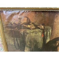 After P E Marshal (British 20th century), Car Outside Inn, water colour signed and dated; after Richard Britton (British) 'Mischief Makers' (golden labradors), colour print, together with three colour prints of dogs and embossed decorative bear scene (6) 