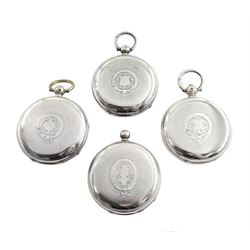 Four Victorian silver open face English lever fusee pocket watches by J.W.Benson, London, Adam Burdess, Coventry and George Hamilton, Montrose,  white enamel dials with Roman numerals and subsidiary seconds dials, hallmarked (4)