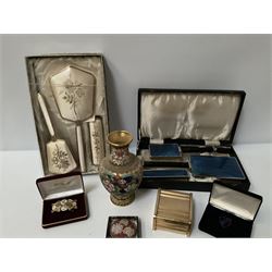 Art Deco style blue guilloche dressing table set in fitted box and another similar, farmed miniature portraits, mirror compacts etc