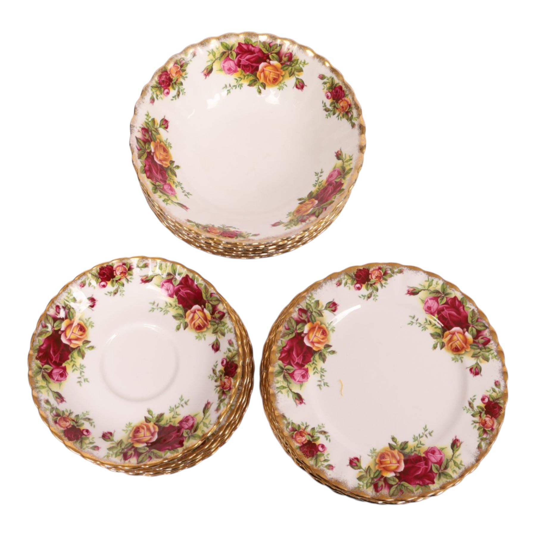 Royal Albert Old Country Roses part tea and dinner service, including teapot, milk jug, open sucrier, six tea cups and saucers, four dinner plates etc 