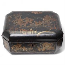 Chinoiserie black and gilt lacquer box decorated with figures and landscapes W28cm and five other various lacquer boxes (6)