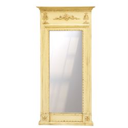 Traditional design cream pier mirror, projecting cornice and applied foliate detailing,, b...