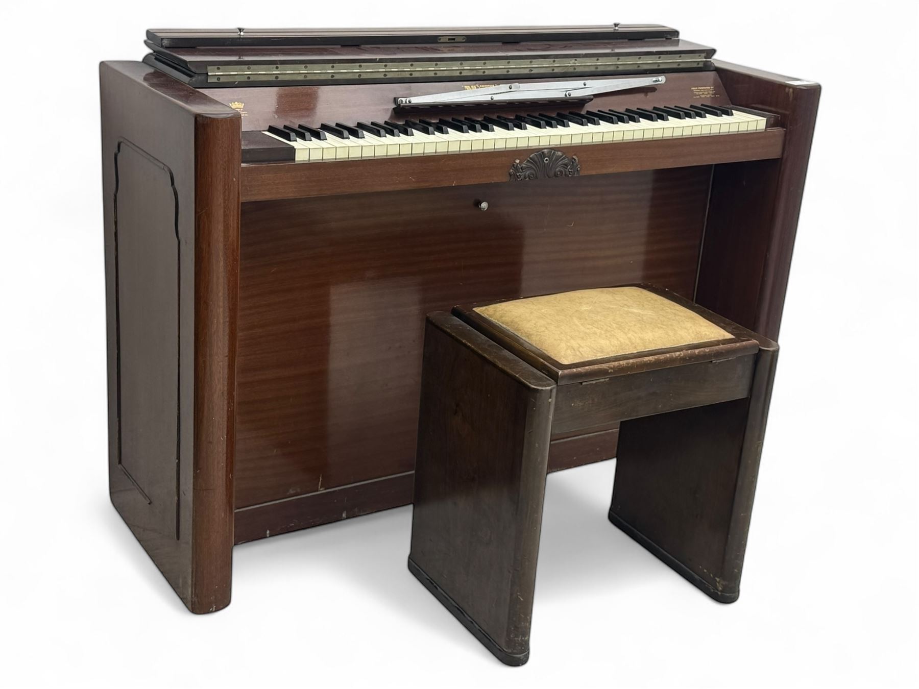 Evestaff - Minipiano early 20th century mahogany cased upright piano, with stool, compact upright form with streamlined mahogany case, full keyboard over two brass pedals, together with matching piano stool