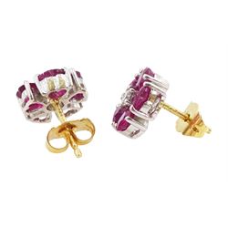 Pair of 18ct white and yellow gold heart cut ruby and round brilliant cut diamond, flower head cluster stud earrings, Sheffield 2001, total ruby weight approx 2.85 carat, total diamond weight approx 0.20 carat
