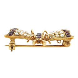 9ct gold garnet and split pearl butterfly brooch, hallmarked