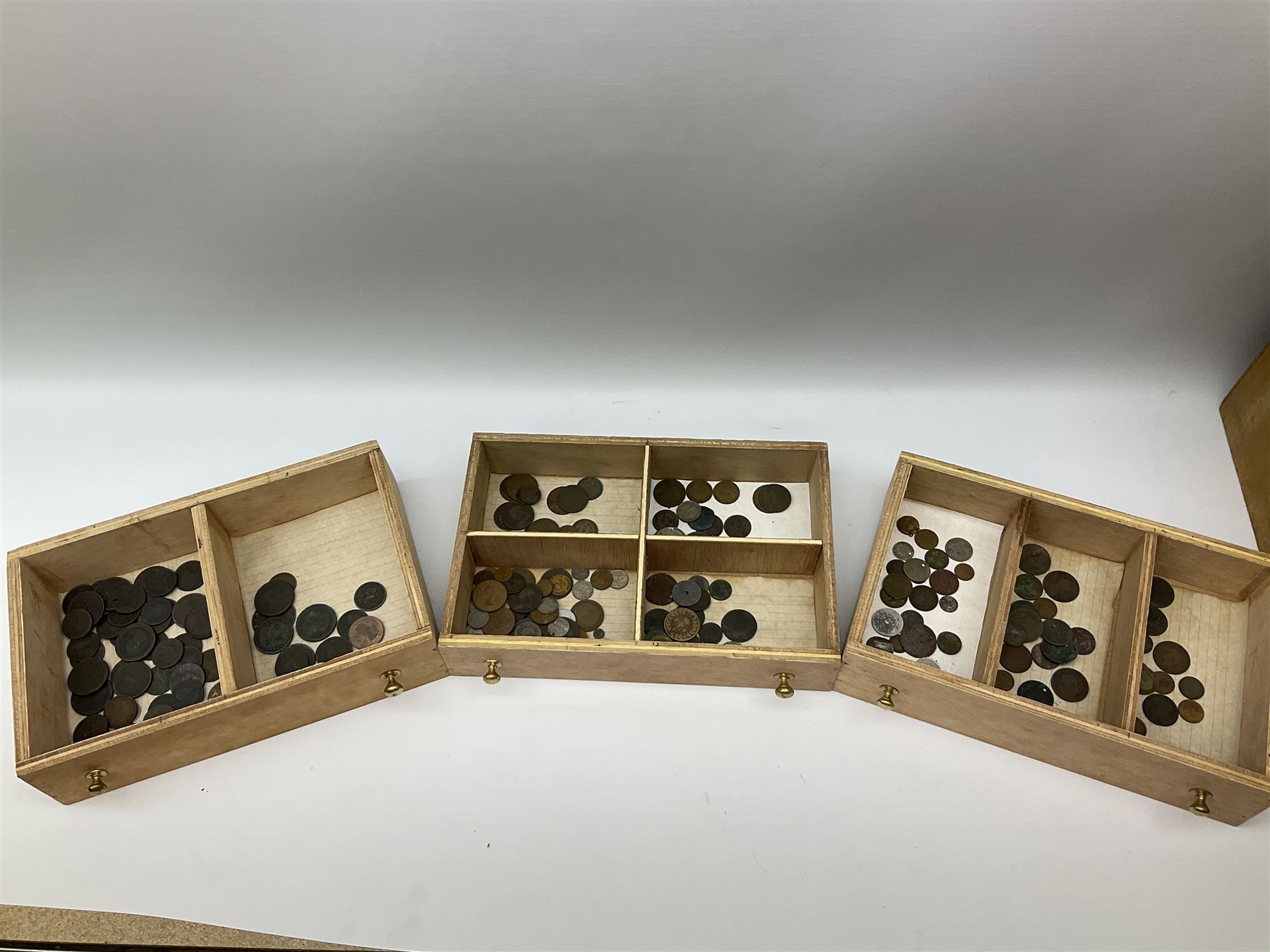 Three drawer collectors cabinet with fall front containing various Great British and World coins including GB pre-decimal coins, King George III 1806 penny, cartwheel pennies etc