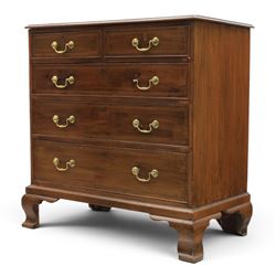 George III inlaid mahogany chest, shell inlaid and line chain detail, brass swan neck with cockbeaded edges, raised on bracket feet  