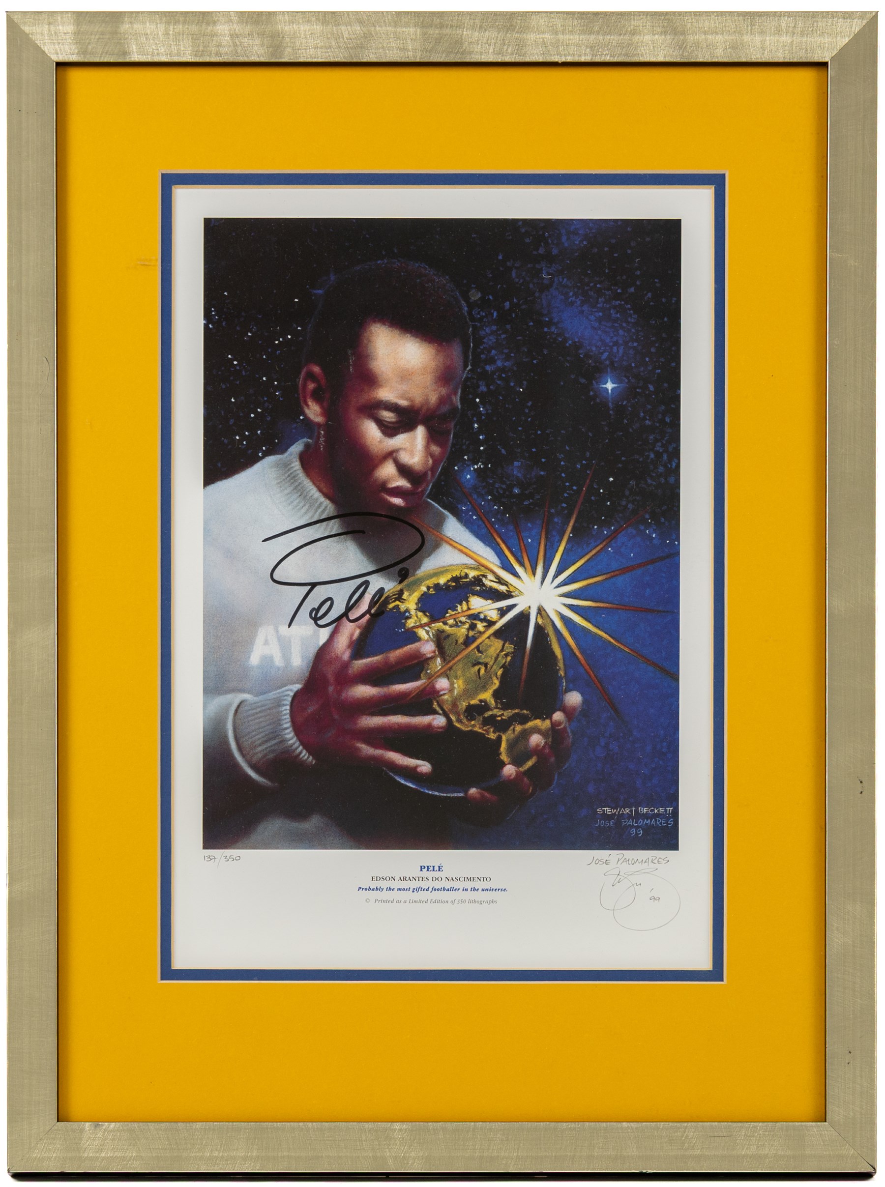 Signed limited edition print 'Pele Holding the Globe' by Stewart Beckett and Jose Palomares, signed by Pele in the centre in black marker, and by the artists below, no 130/350, with certificate of authenticity from Auction World TV, framed, H32cm
