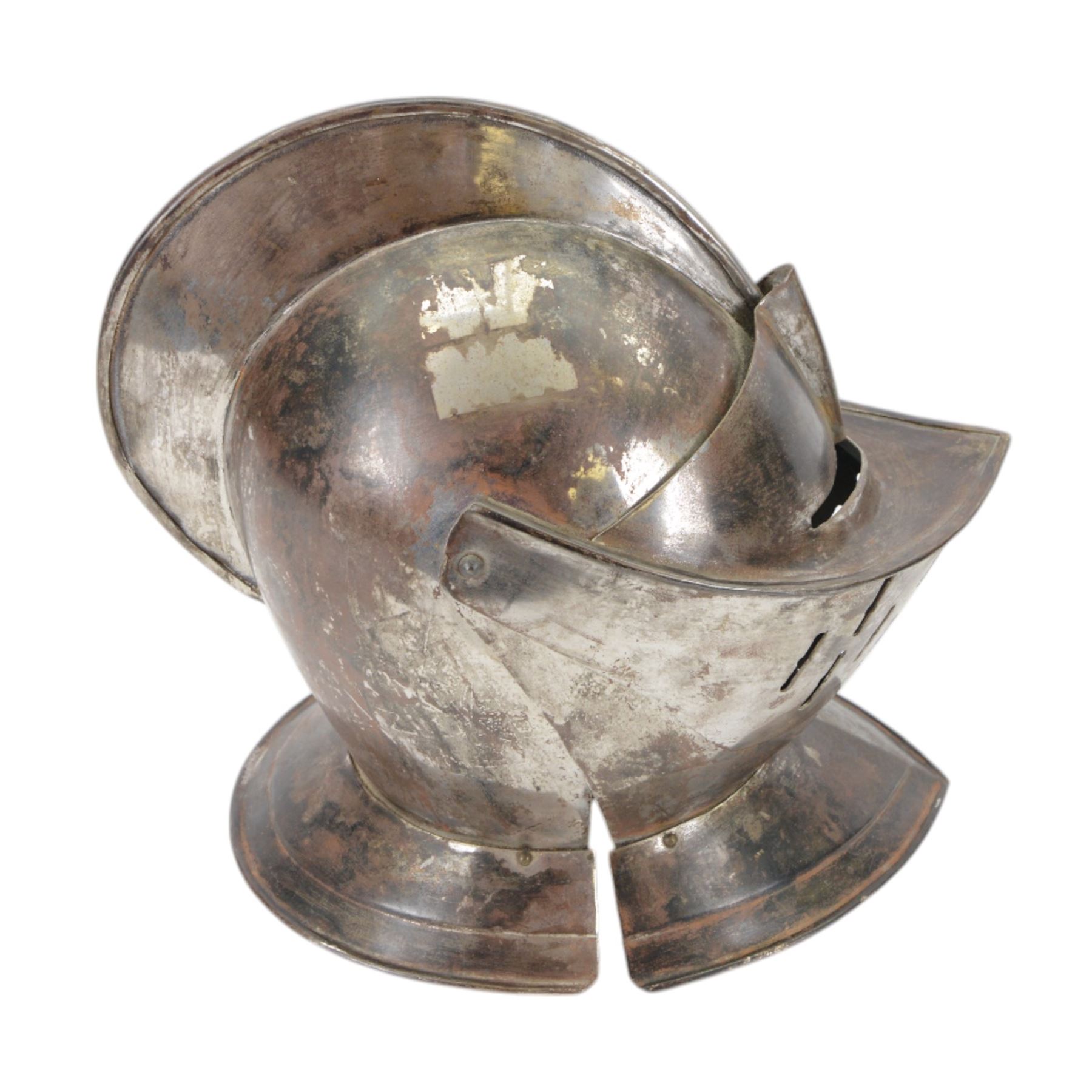 Reproduction 17th century European close helmet, the visor with elongated sights, two-piece skull with a high medial roped comb