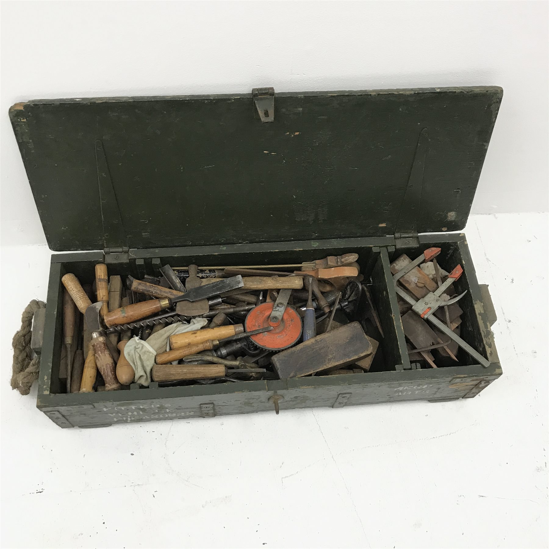 Pine military mechanics box with quantity of vintage woodworking tools, W98cm, H21cm, D39cm