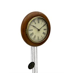 Small late 19th century German Bavarian wall clock c1880, 6” painted dial with Roman numerals, minute track and steel moon hands, cast brass bezel and flat glass with a mahogany surround, chain driven striking movement striking the hours on a bell, wooden plated movement with brass wheels and lantern pinions. With original pendulum and original weights.


