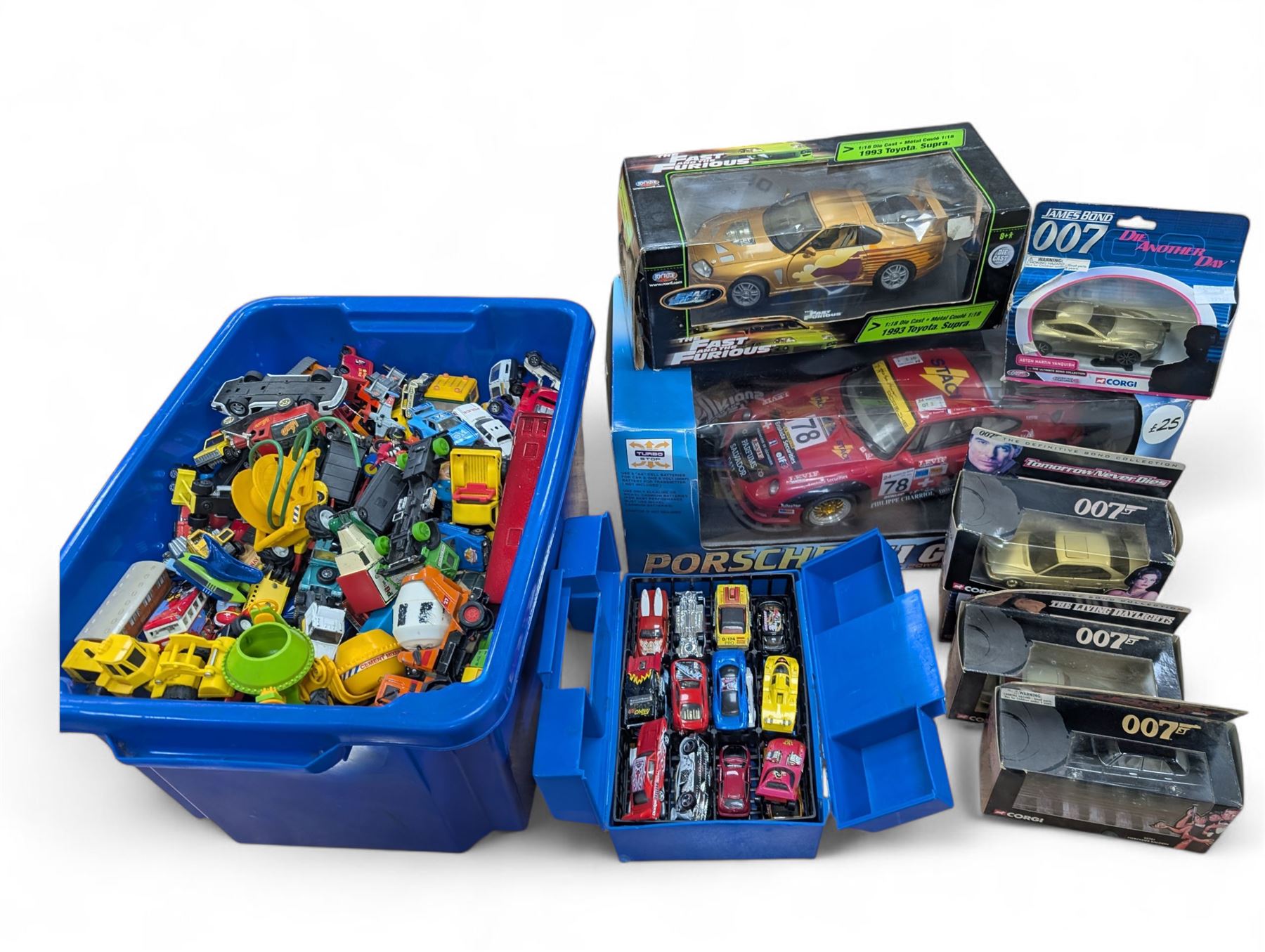 Radio Control Porsche 911 GT2, boxed, Joyride The Fast and The Furious 1:18 scale diecast model, Corgi James Bond vehicles, and a large collection of loose diecast cars, including Matchbox examples