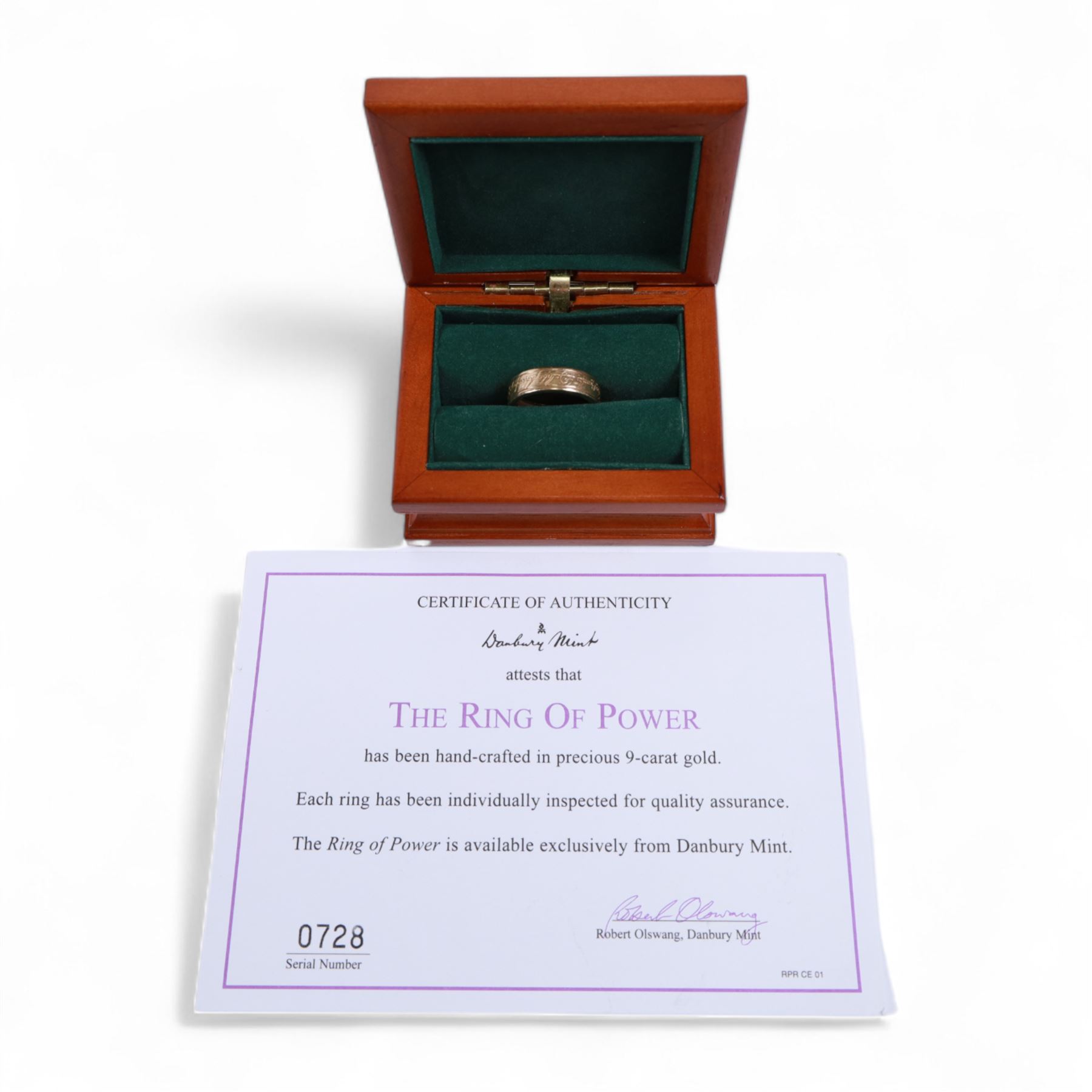 9ct gold Lord of the Rings 'The Ring of Power', produced by Danbury Mint, hallmarked with certificate of authenticity, contained within wooden box