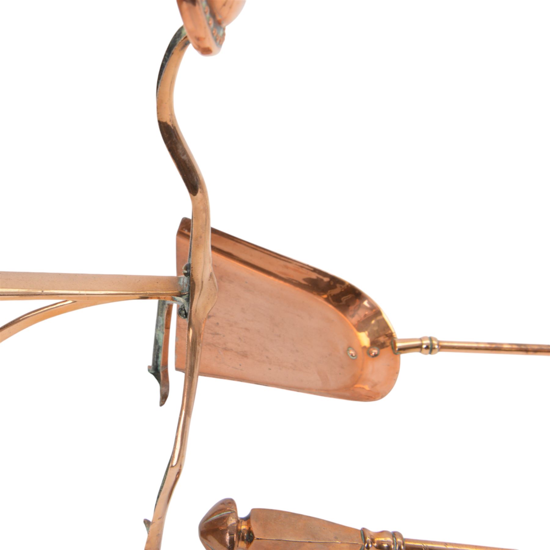 19th century copper companion set and fire dogs, dogs H40cm