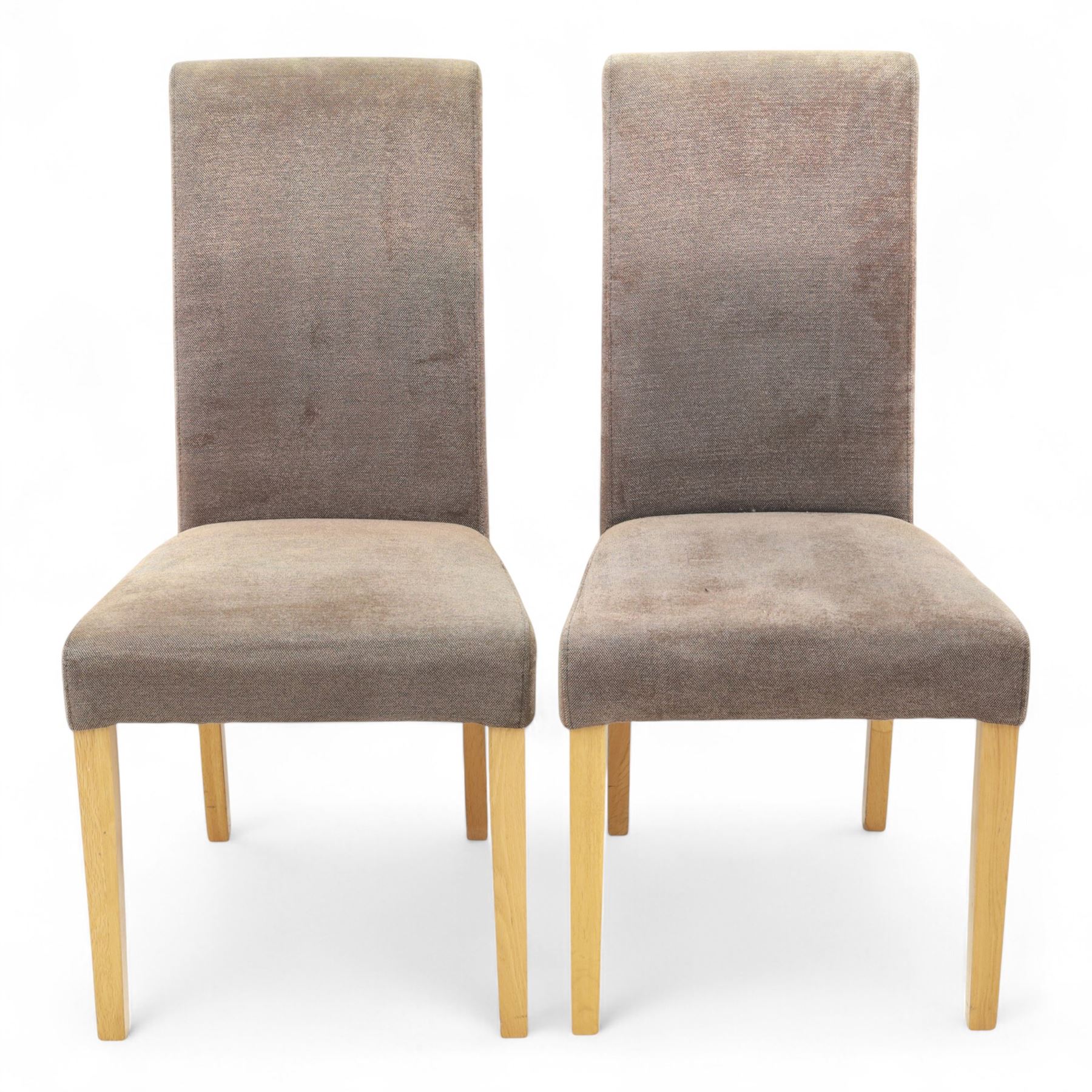 Oak Furnitureland - Pair of contemporary upholstered dining chairs, with high tapering backs and padded seats in taupe brown microfibre fabric, raised on solid oak square section legs