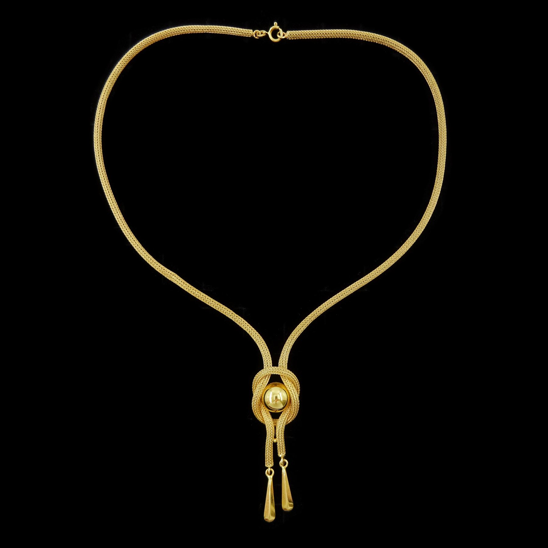 18ct gold mesh link necklace, with a knot and circular design pendant, stamped 750