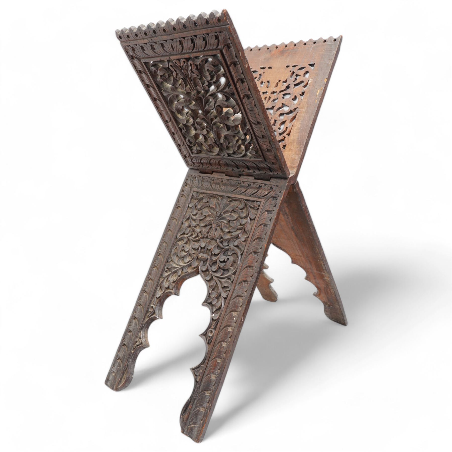 Indian carved and pierced folding Koran stand  88cm x 29cm Koran stand