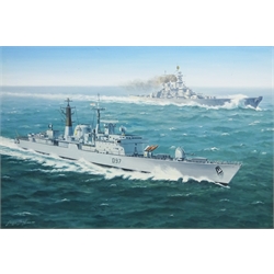 George Heiron (British 1929-2001): 'USS Missouri with HMS Edinburgh at Full Steam' - First Gulf War, oil on canvas signed and dated Aug. 1991, 49cm x 75cm



